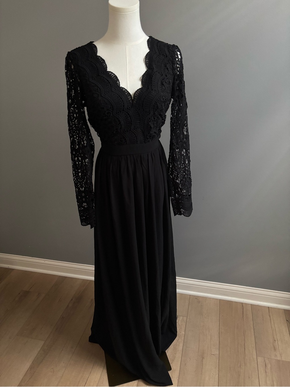 Lulus Awaken My Love Black Long Sleeve Lace Maxi Dress NWT